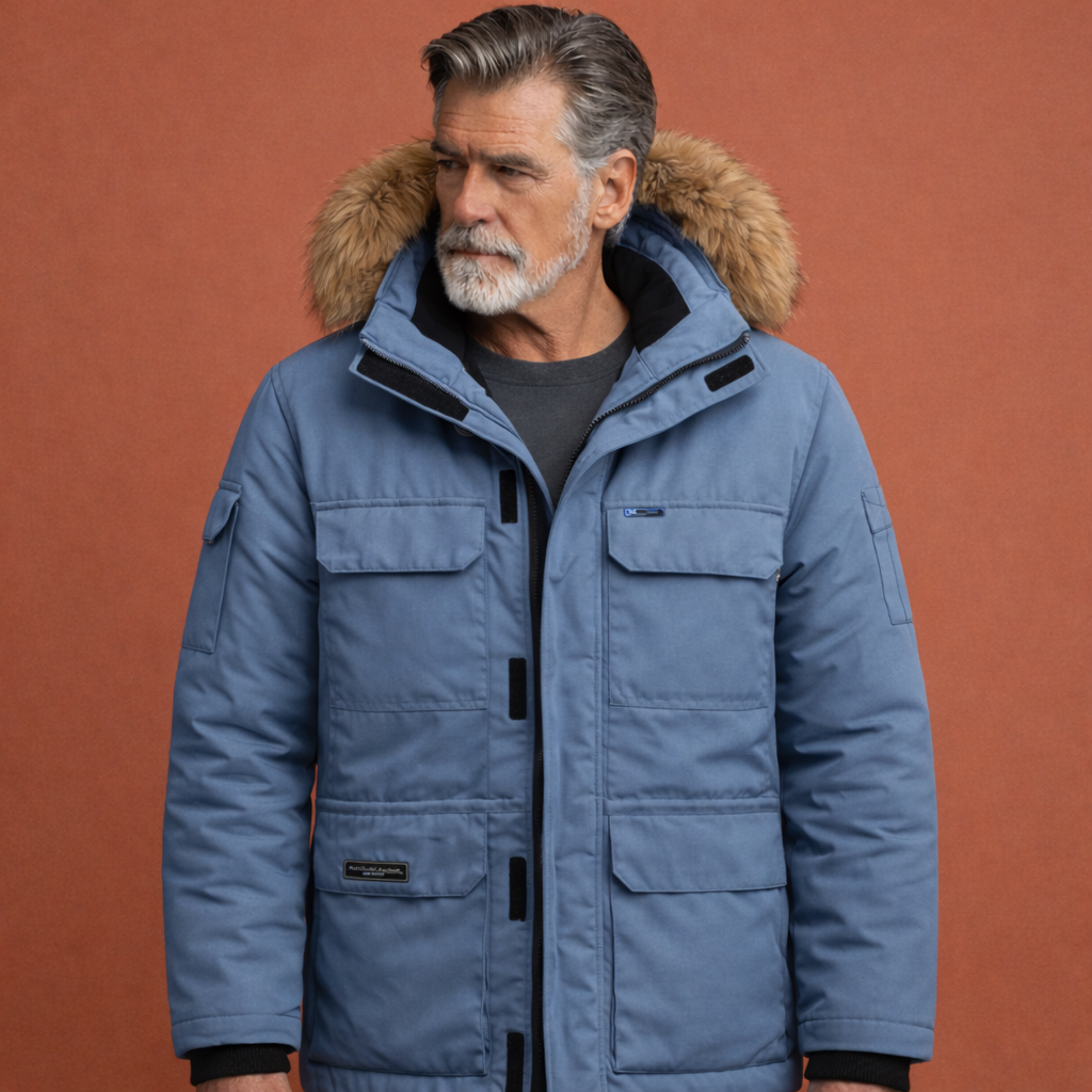 Blauwe heren parka met capuchon en ritssluiting, geschikt voor dagelijks gebruik tijdens koude dagen.