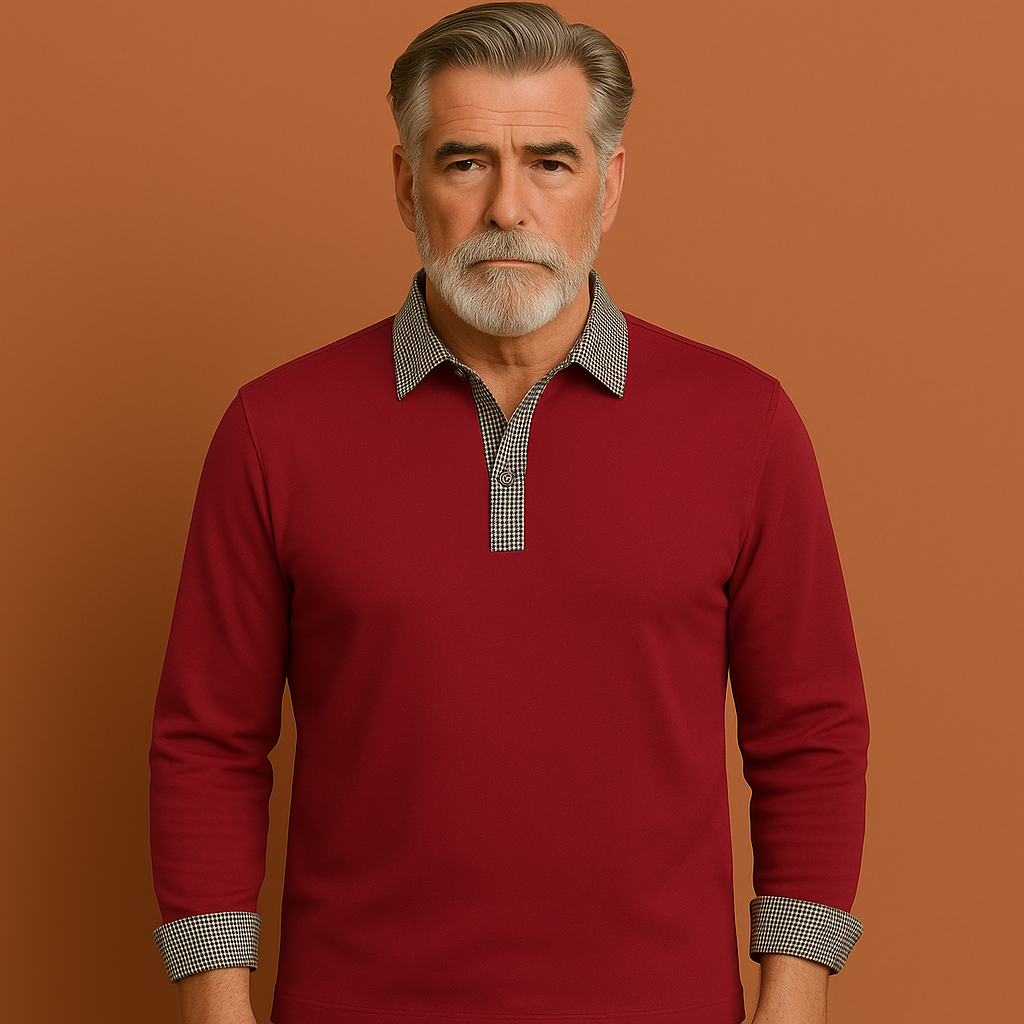 Bordeaux polo met lange mouwen voor heren met contrasterende kraag en manchetten, geschikt voor casual en nette outfits.