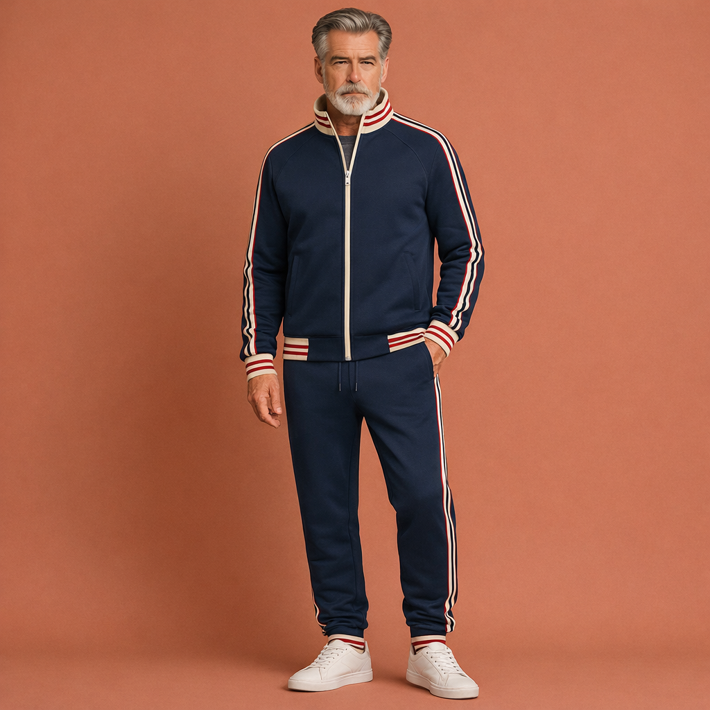 Donkerblauw stijlvol heren trainingspak met strepen en comfortabele pasvorm, ideaal voor sport en casual gebruik.