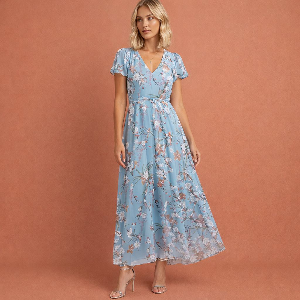 Donkerblauwe maxi-jurk voor dames met V-hals en vlindermouwen, geschikt voor zomerse dagen en casual gelegenheden.