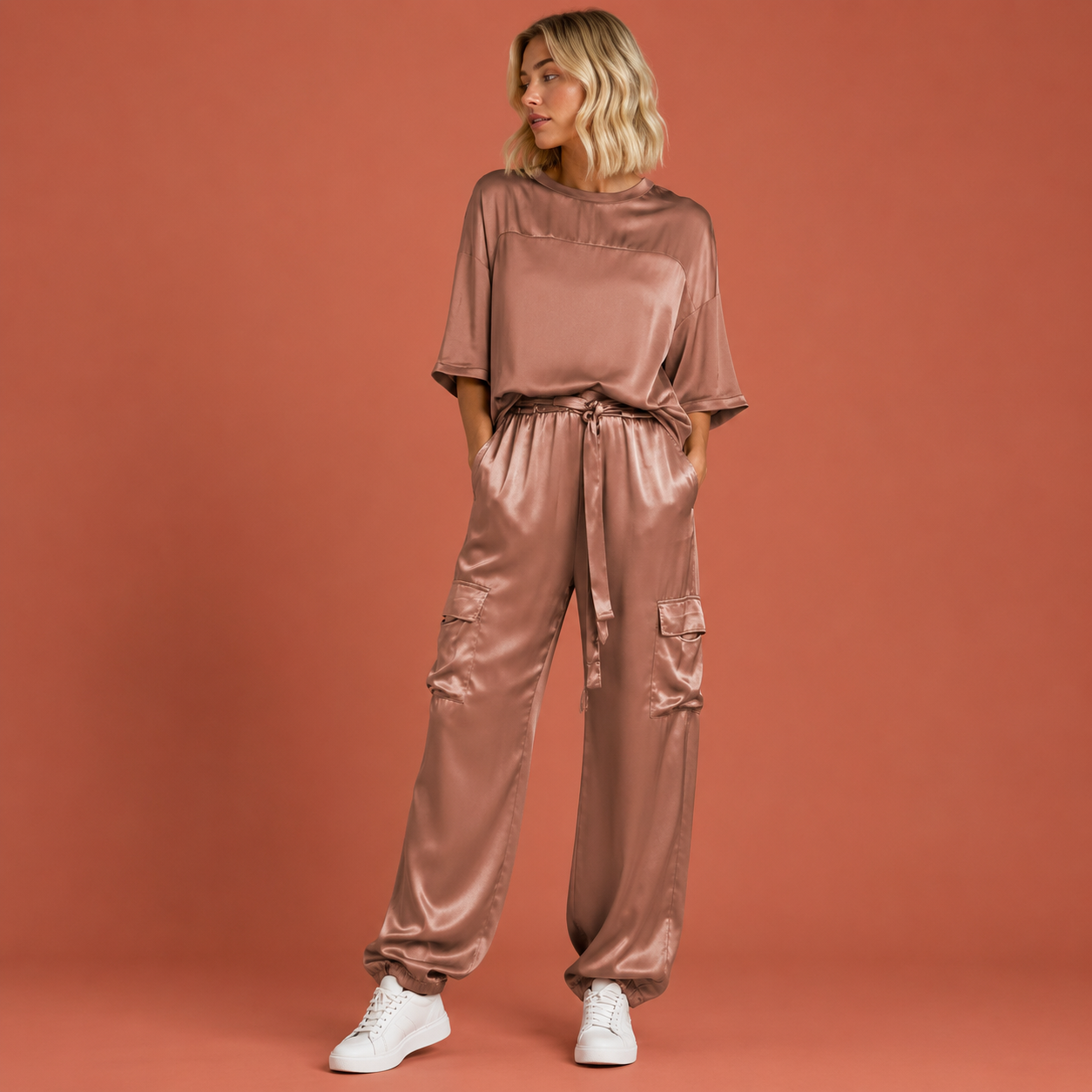 Dames satijnen set in donkerbruin met minimalistisch design, zacht en comfortabel voor casual en stijlvolle outfits.