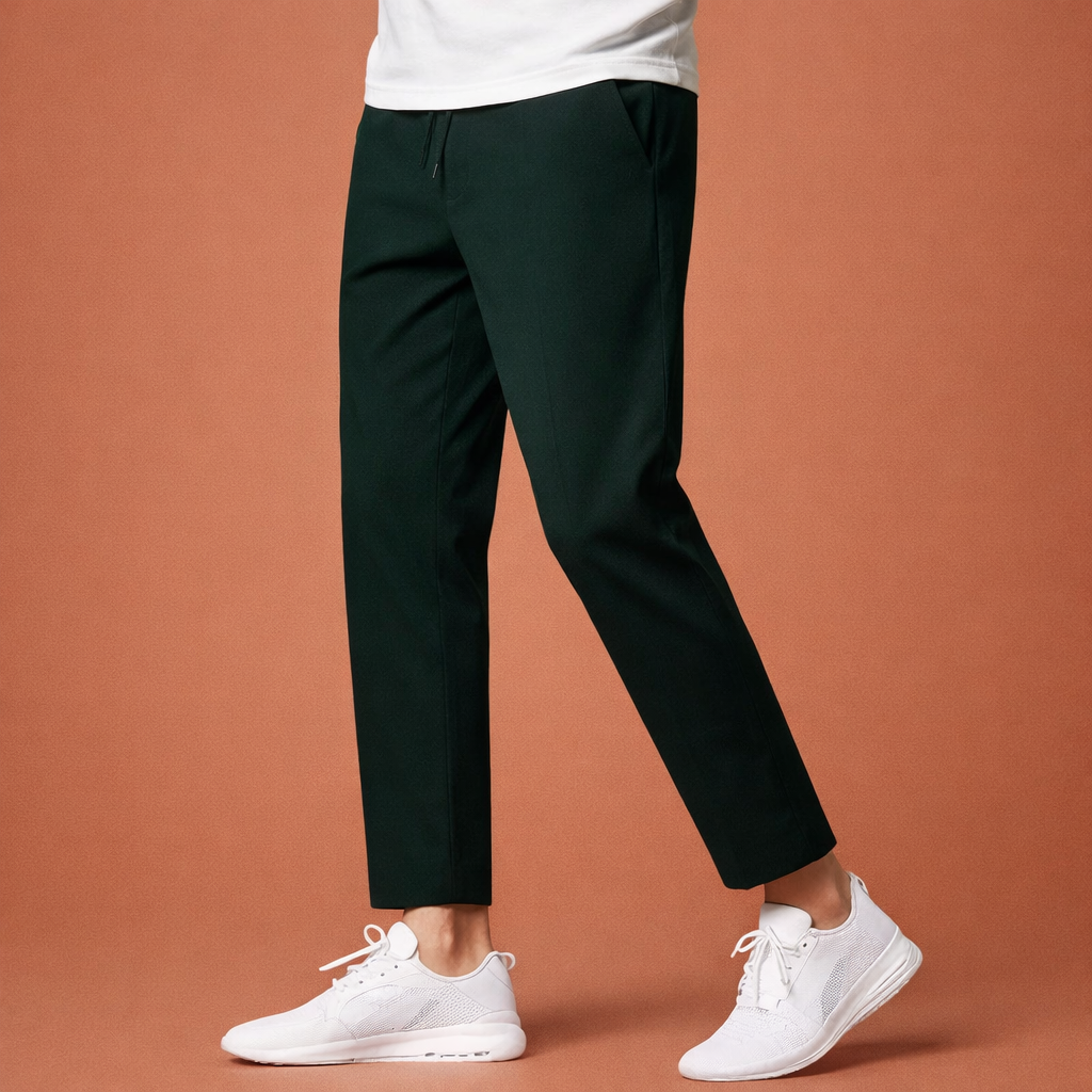Heren broek in donkergroen met minimalistisch design, zacht en comfortabel voor casual en stijlvolle outfits.