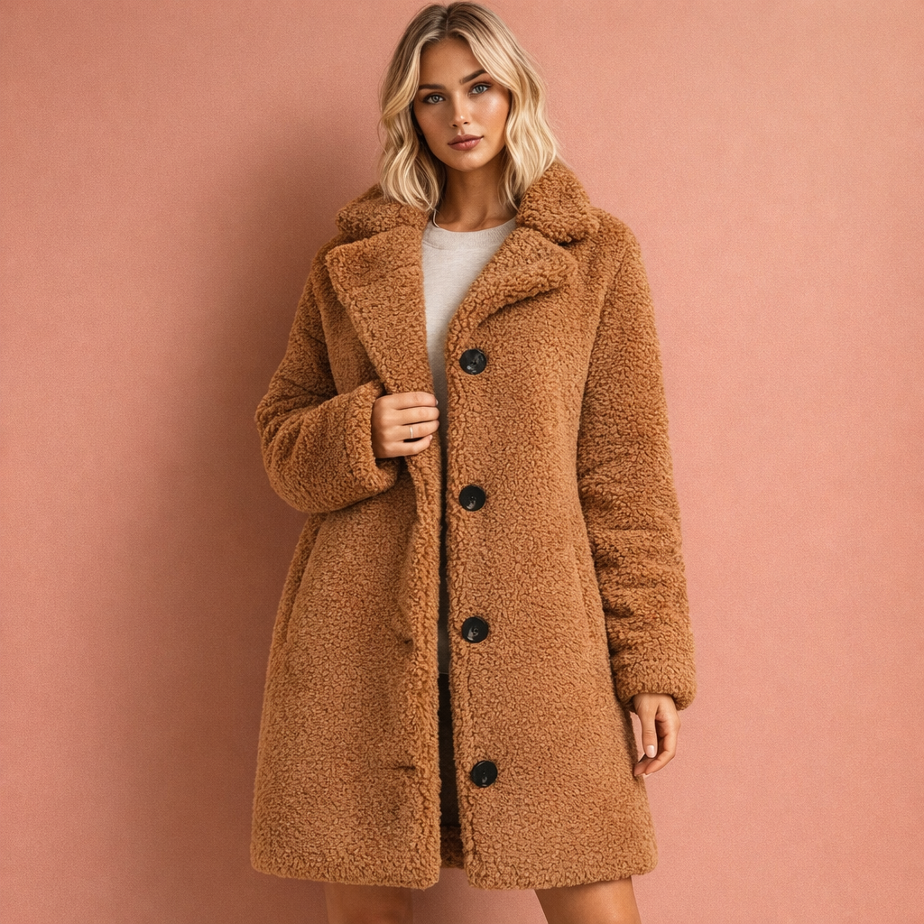 Donkerkaki elegante warme jas voor dames met comfortabele pasvorm, ideaal voor koude dagen en dagelijks gebruik.