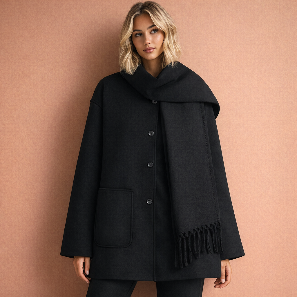 Donkerzwarte elegante damesjas met ruime pasvorm en bijpassende sjaal, ideaal voor stijlvolle outfits tijdens koude dagen.