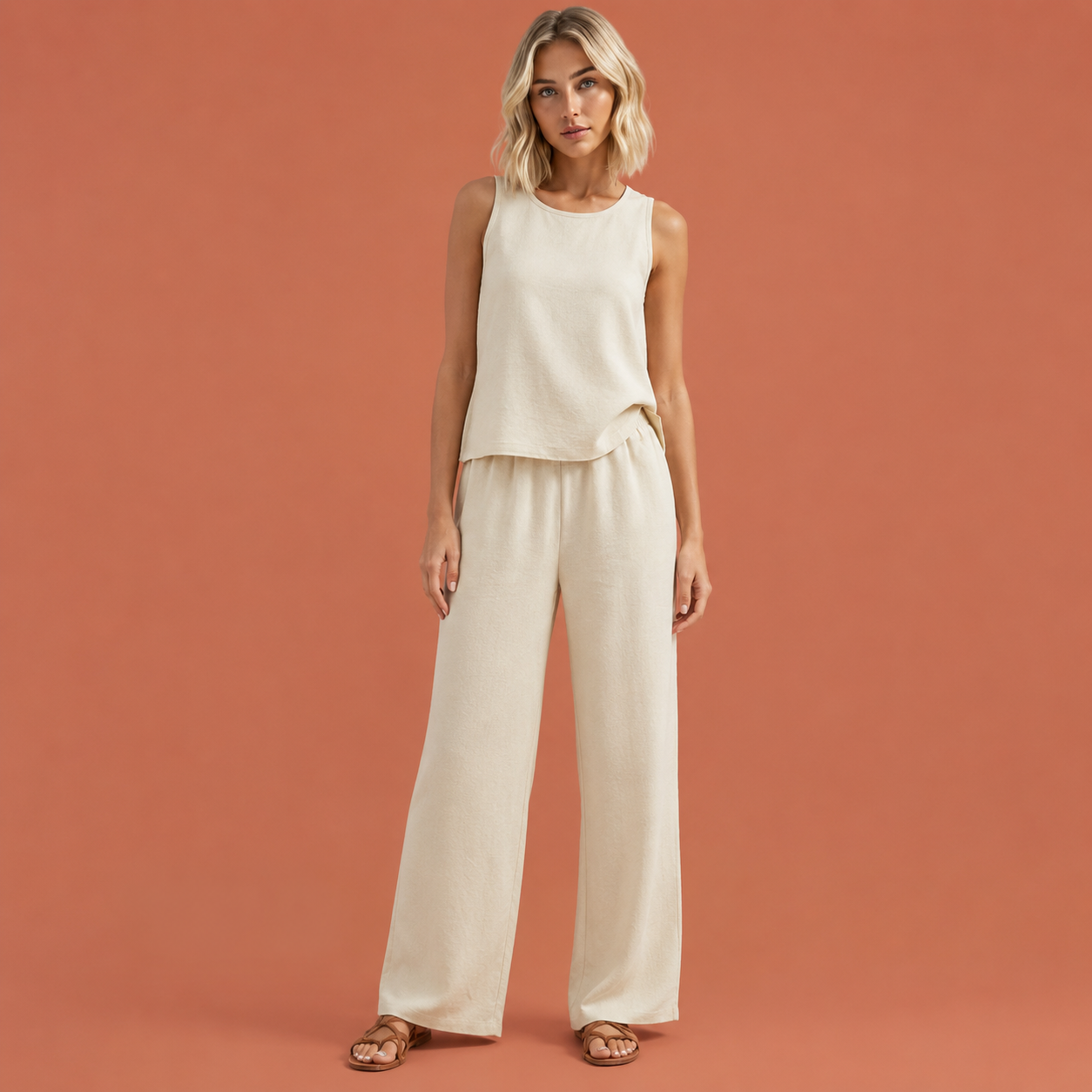 Dames zomer set in gebroken wit met minimalistisch design, zacht en comfortabel voor casual en stijlvolle outfits.