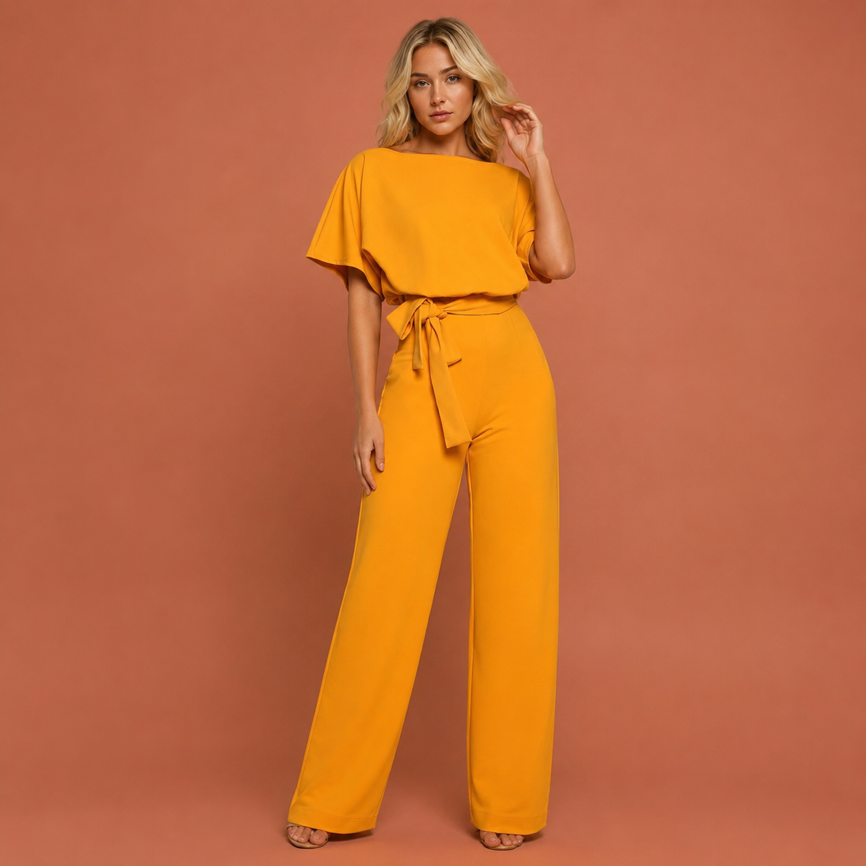 Dames jumpsuit in geel met minimalistisch design, zacht en comfortabel voor casual en stijlvolle outfits.