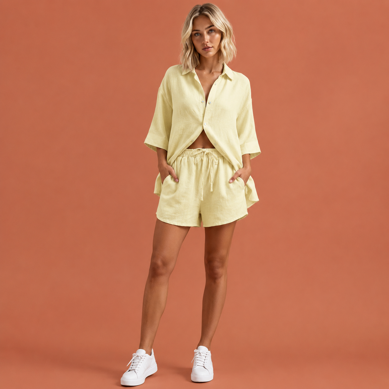 Dames zomerset in geel met minimalistisch design, zacht en comfortabel voor casual en stijlvolle outfits.