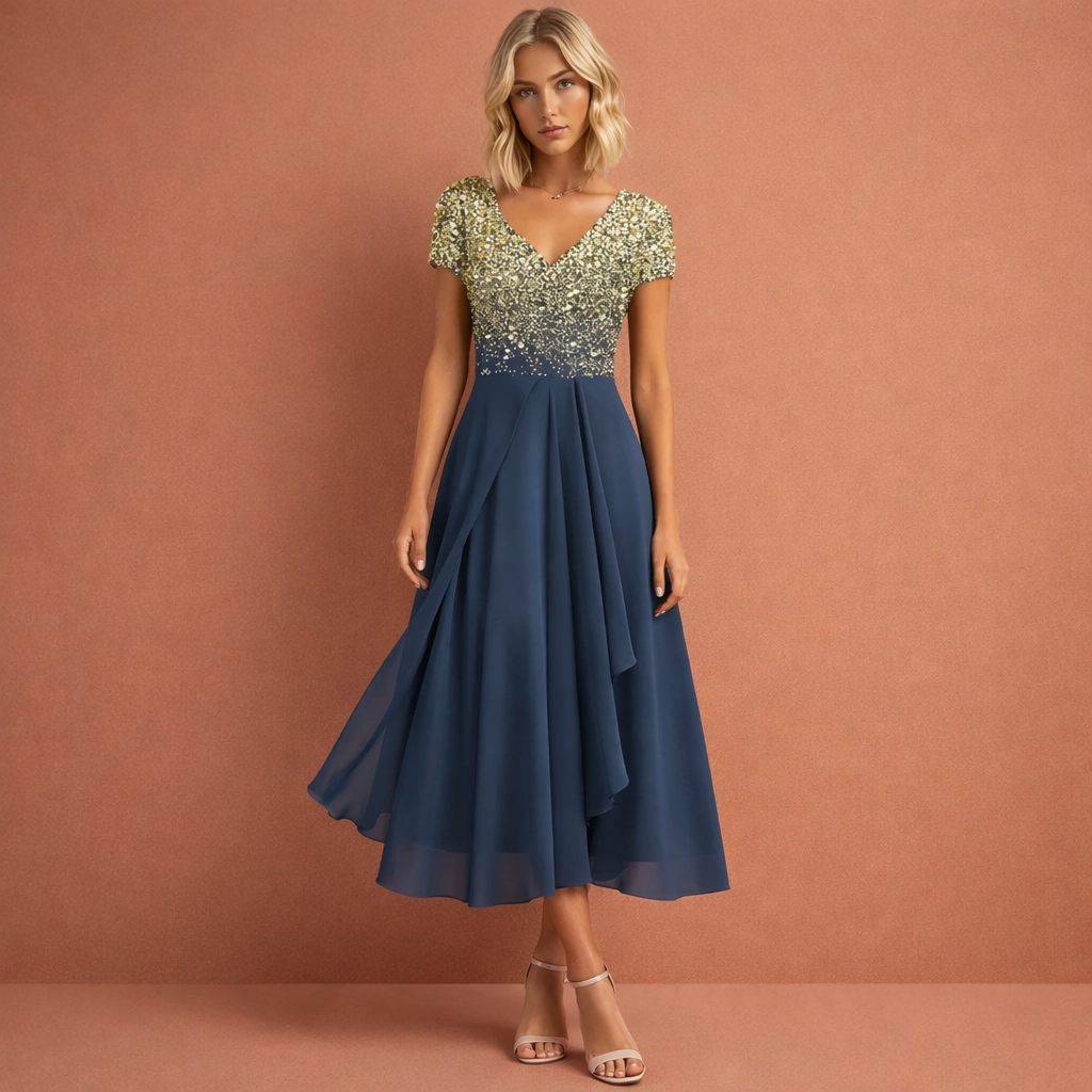 Goud blauwe midi avondjurk met V-hals en bloemenbuste voor dames, elegante jurk voor gala, bruiloft of formeel evenement.