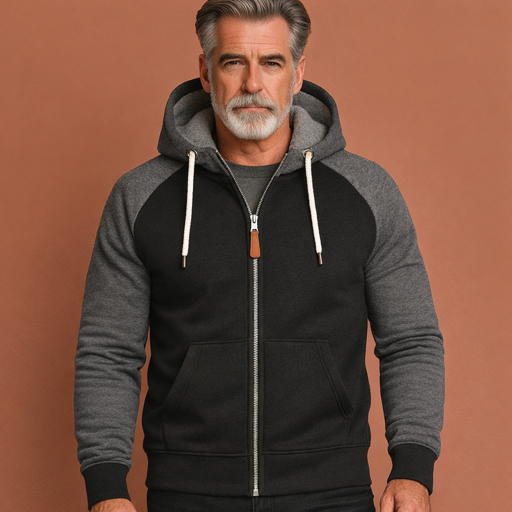 Grijs zwarte moderne heren sportjas met capuchon en comfortabele pasvorm, ideaal voor dagelijks gebruik en casual outfits.