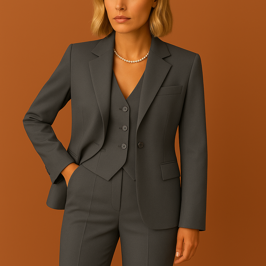 Grijze driedelige dames set met jasje en broek, geschikt voor een stijlvolle en comfortabele outfit.