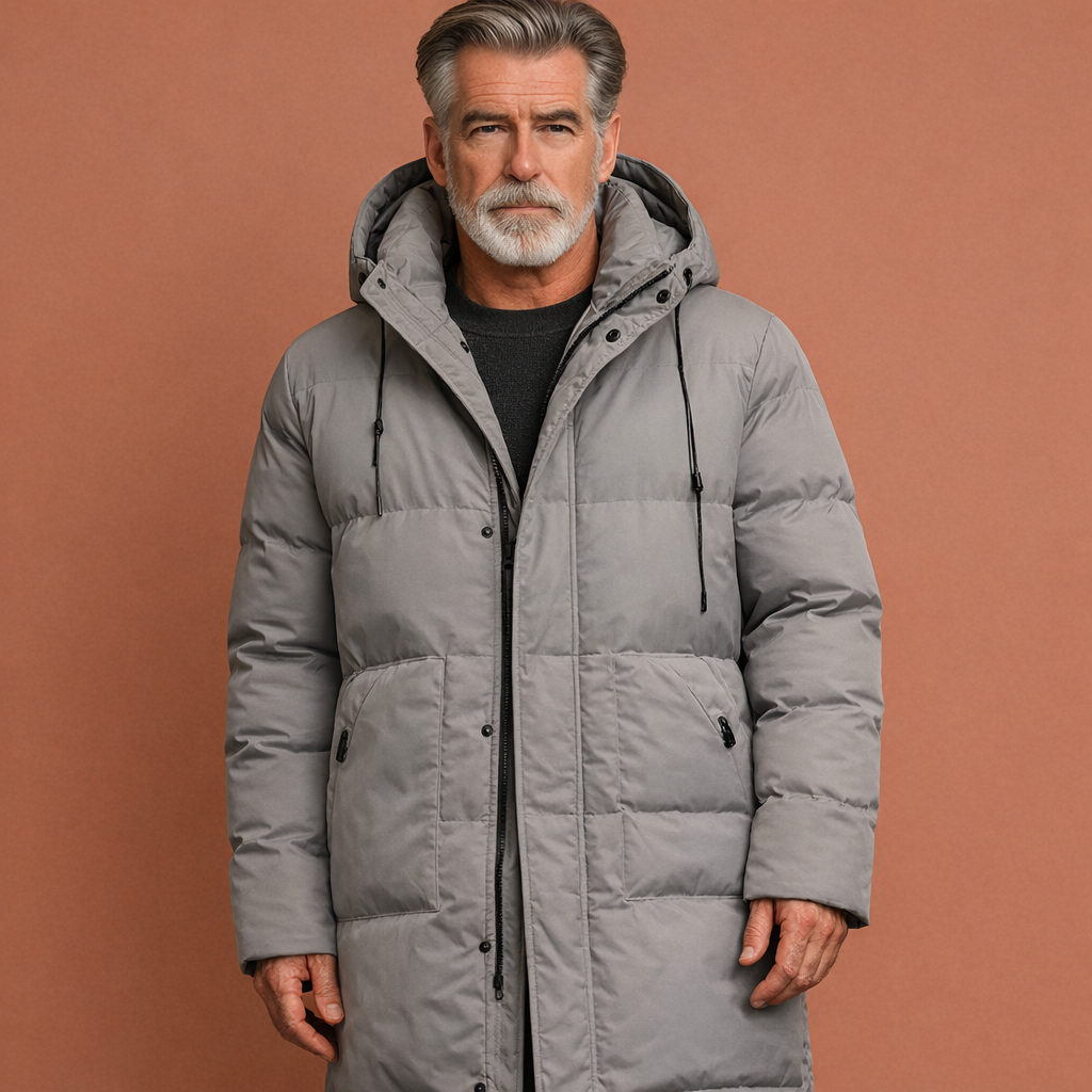 Grijze lange winterjas voor heren met capuchon, ideaal voor dagelijks gebruik tijdens koude herfst- en winterdagen.1