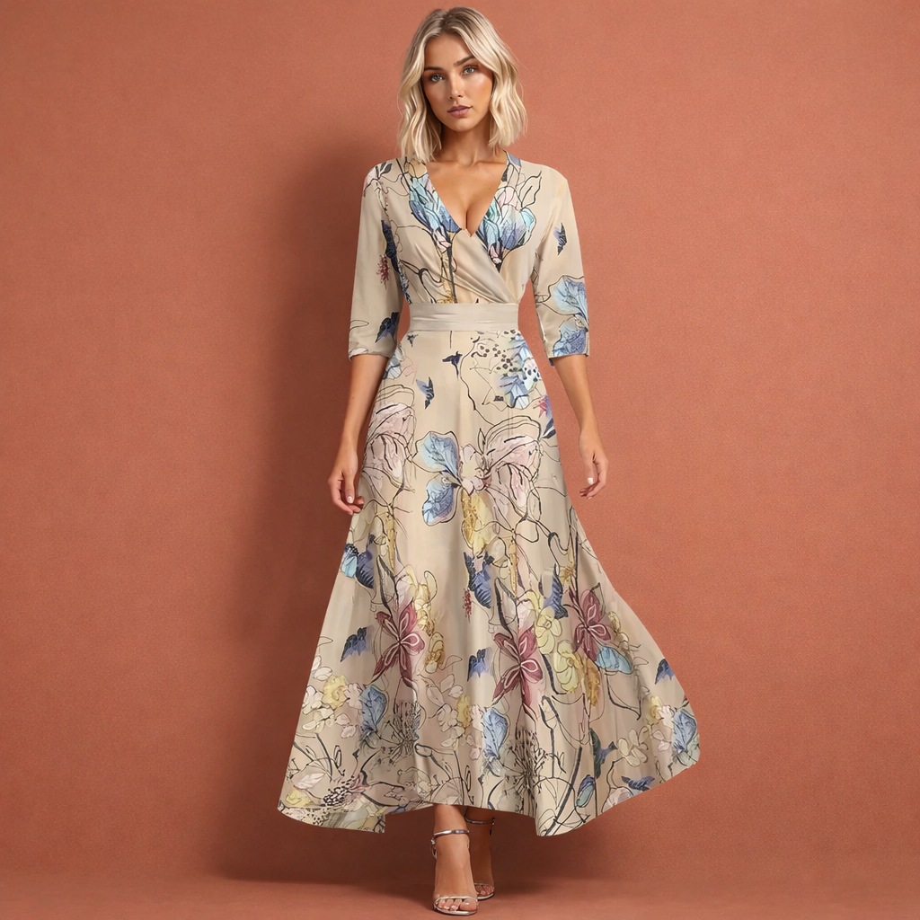 Khaki lange damesjurk met bloemenprint en V-hals, perfect voor zomerse dagen en feestelijke gelegenheden.
