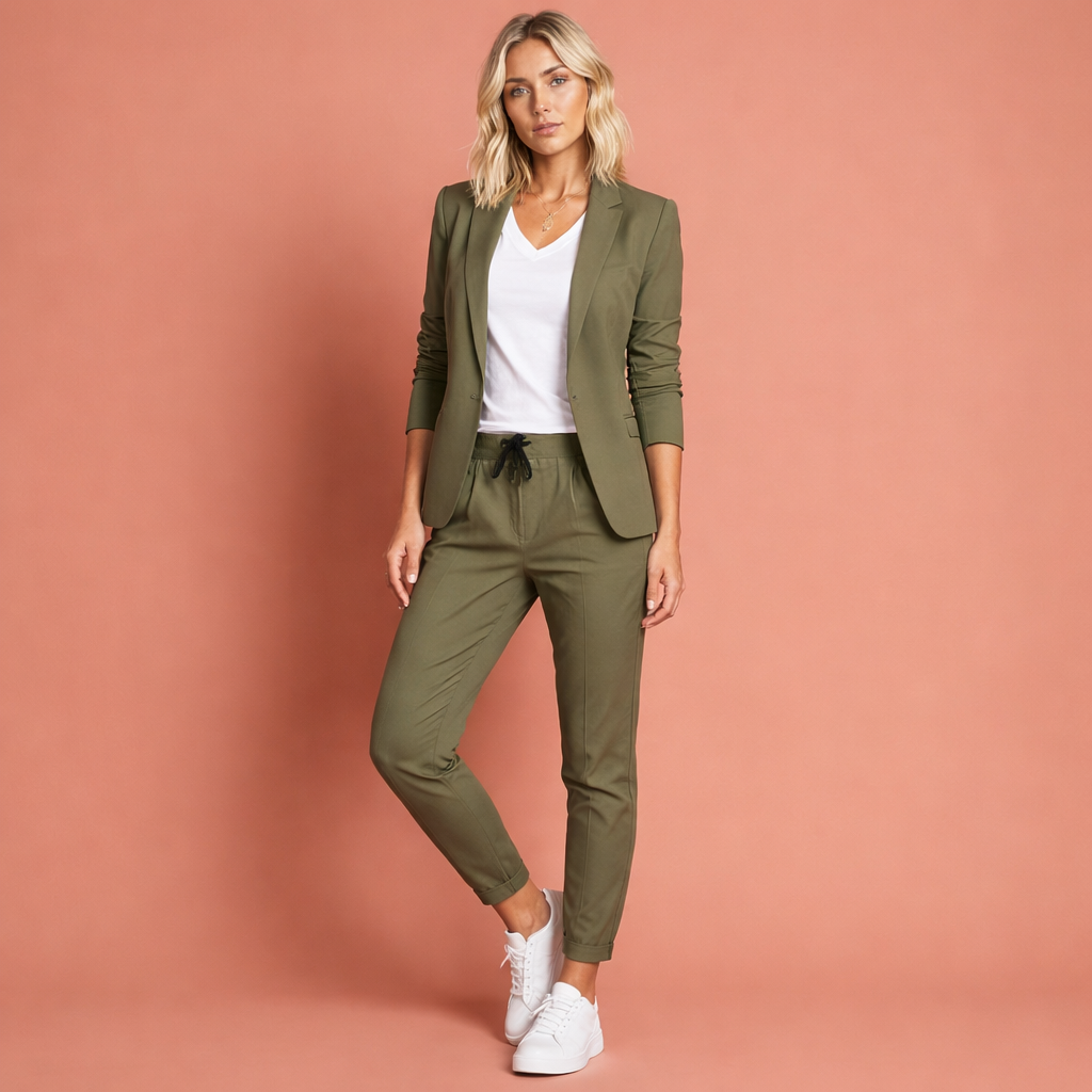 Legergroene tweedelige blazer set voor dames met een elegante pasvorm, ideaal voor werk en formele gelegenheden