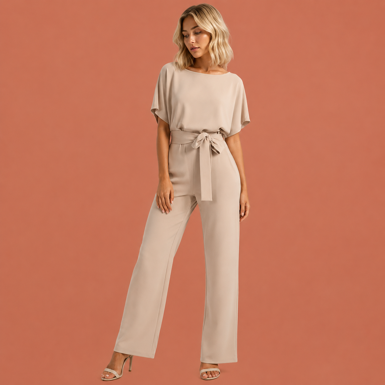 Dames jumpsuit in lichtbruin met minimalistisch design, zacht en comfortabel voor casual en stijlvolle outfits.