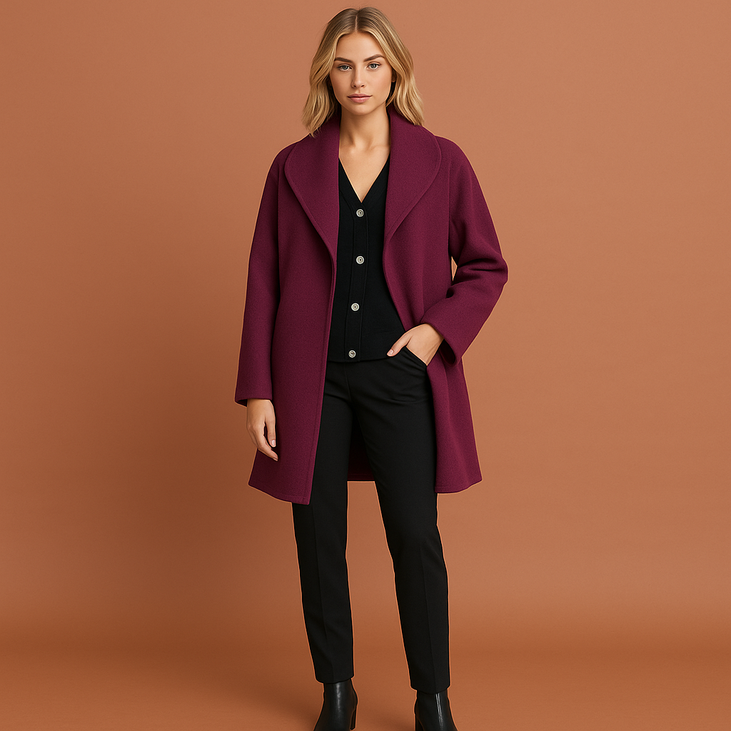 Lila halflange dames mantel met open kraag, geschikt voor dagelijks gebruik en nette outfits