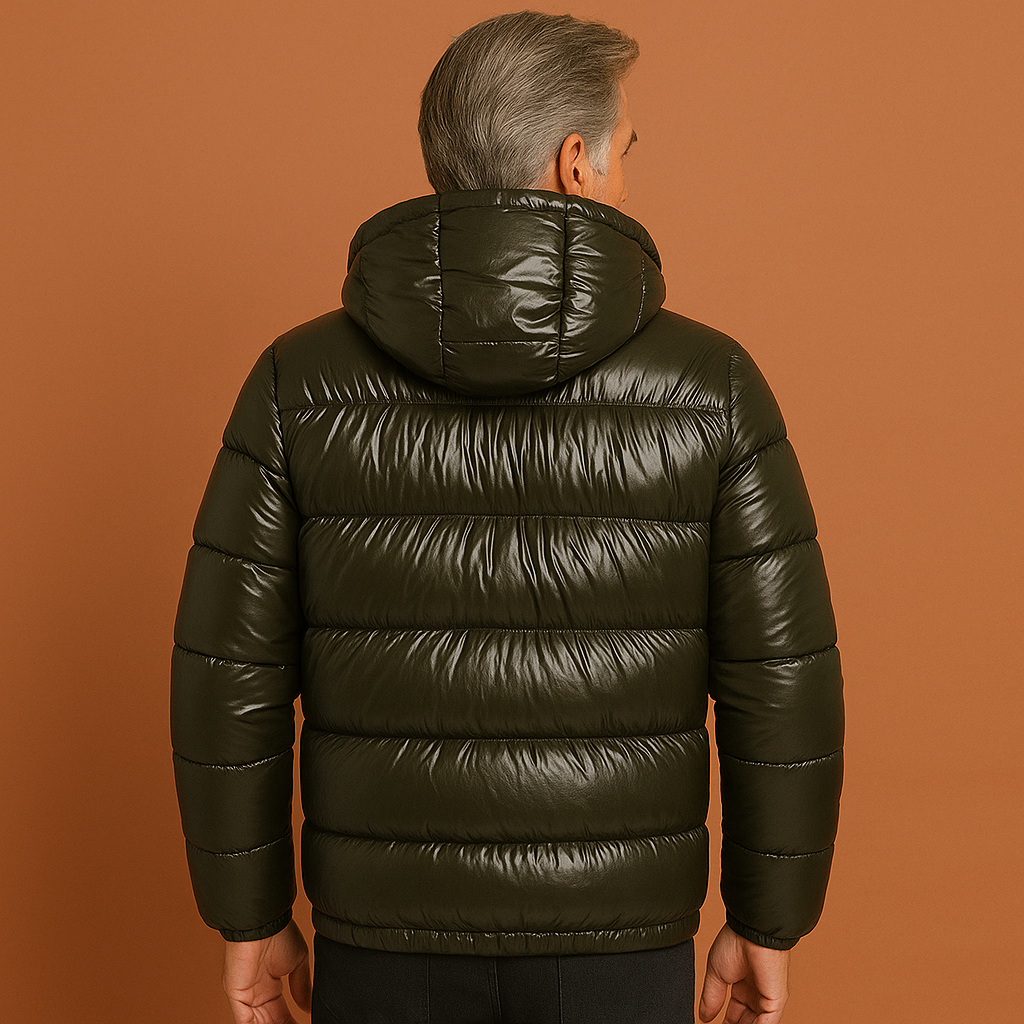 Heren puffer jacket in olijfgroen met waterafstotend design, warm en comfortabel voor koude winterdagen.