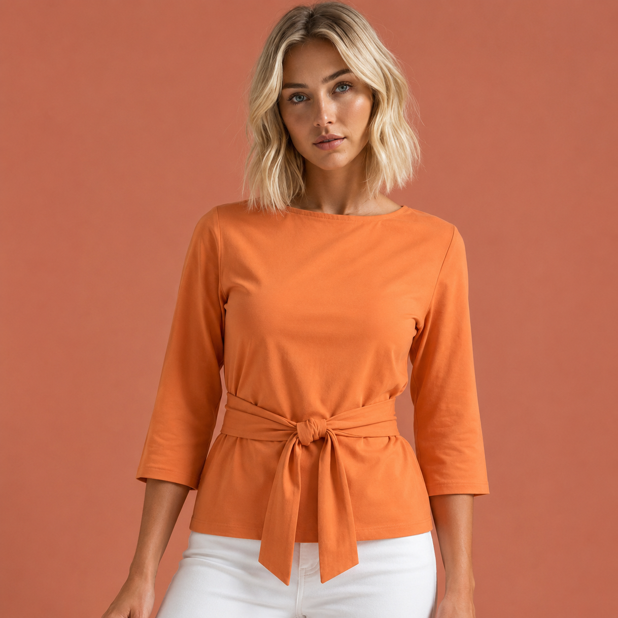 Dames top in oranje met minimalistisch design, zacht en comfortabel voor casual en stijlvolle outfits.