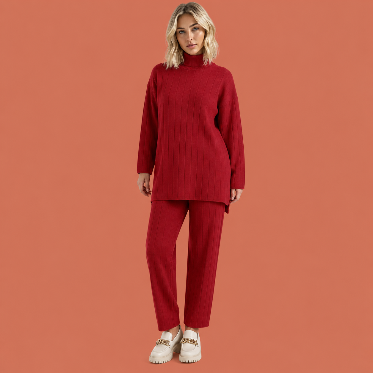 Dames set in rood met minimalistisch design, zacht en comfortabel voor casual en stijlvolle outfits.