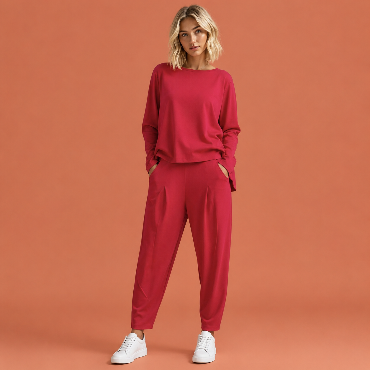 Dames sportieve set in rood met minimalistisch design, zacht en comfortabel voor casual en stijlvolle outfits.