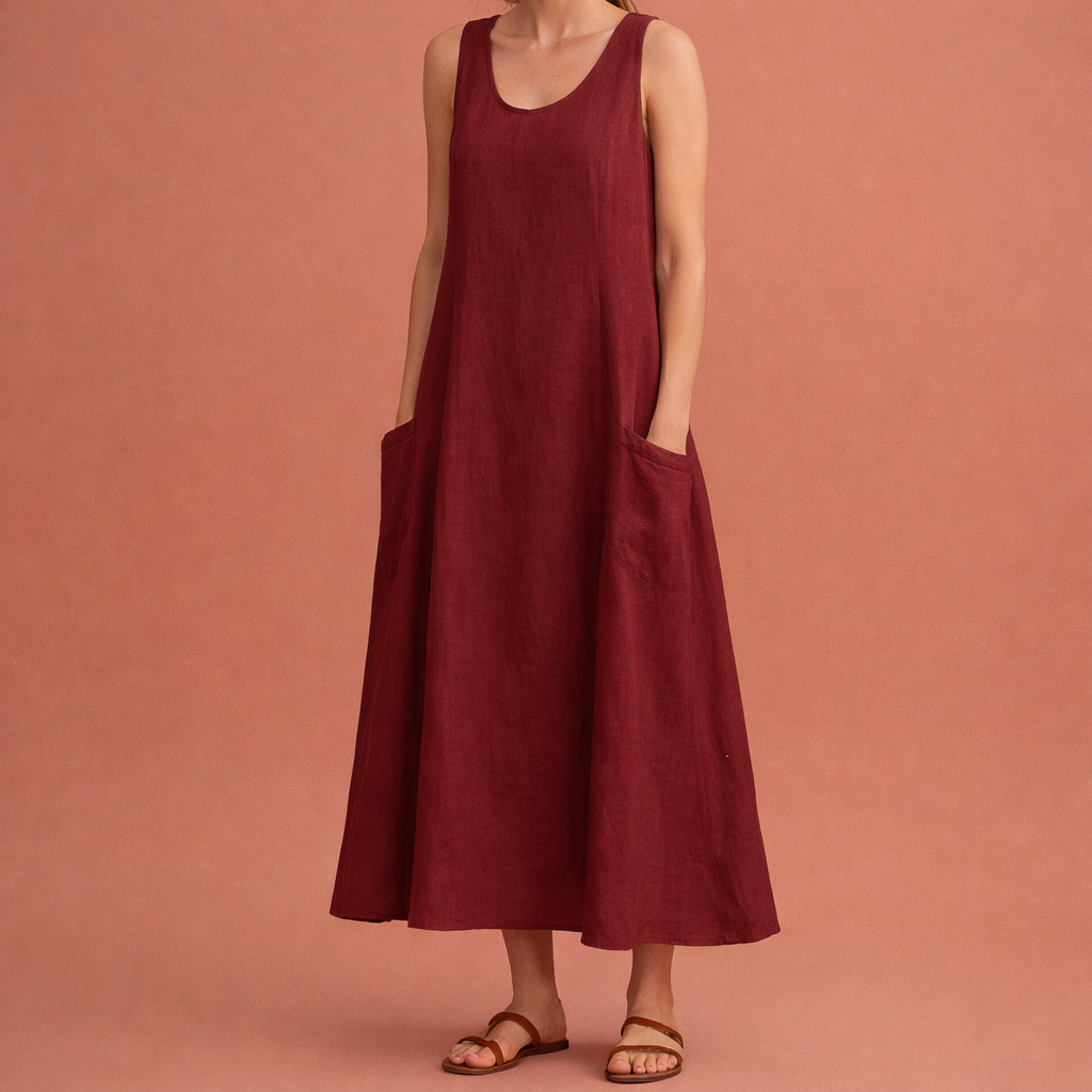 Dames maxi zomerjurk in wijnrood met minimalistisch design, zacht en comfortabel voor casual en stijlvolle outfits.