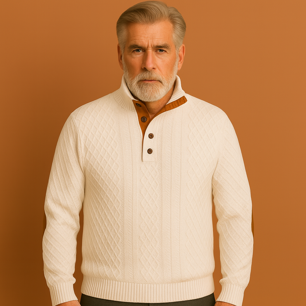 Witte herentrui met knoopkraag en elleboogdetails, geschikt voor een comfortabele en stijlvolle casual look.