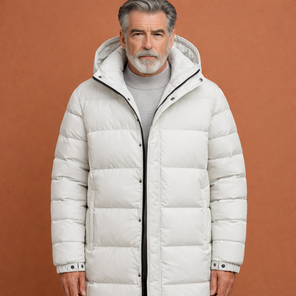 Witte lange gewatteerde jas voor heren met capuchon, ideaal voor koude dagen en dagelijks gebruik.
