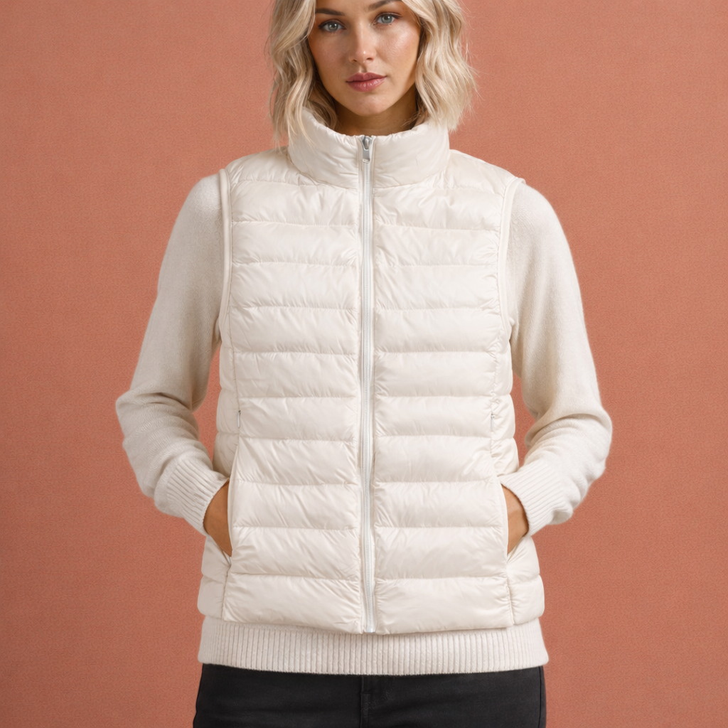 Witte dames mouwloze bodywarmer met ritssluiting en comfortabele pasvorm, ideaal voor dagelijks gebruik en koude dagen.
