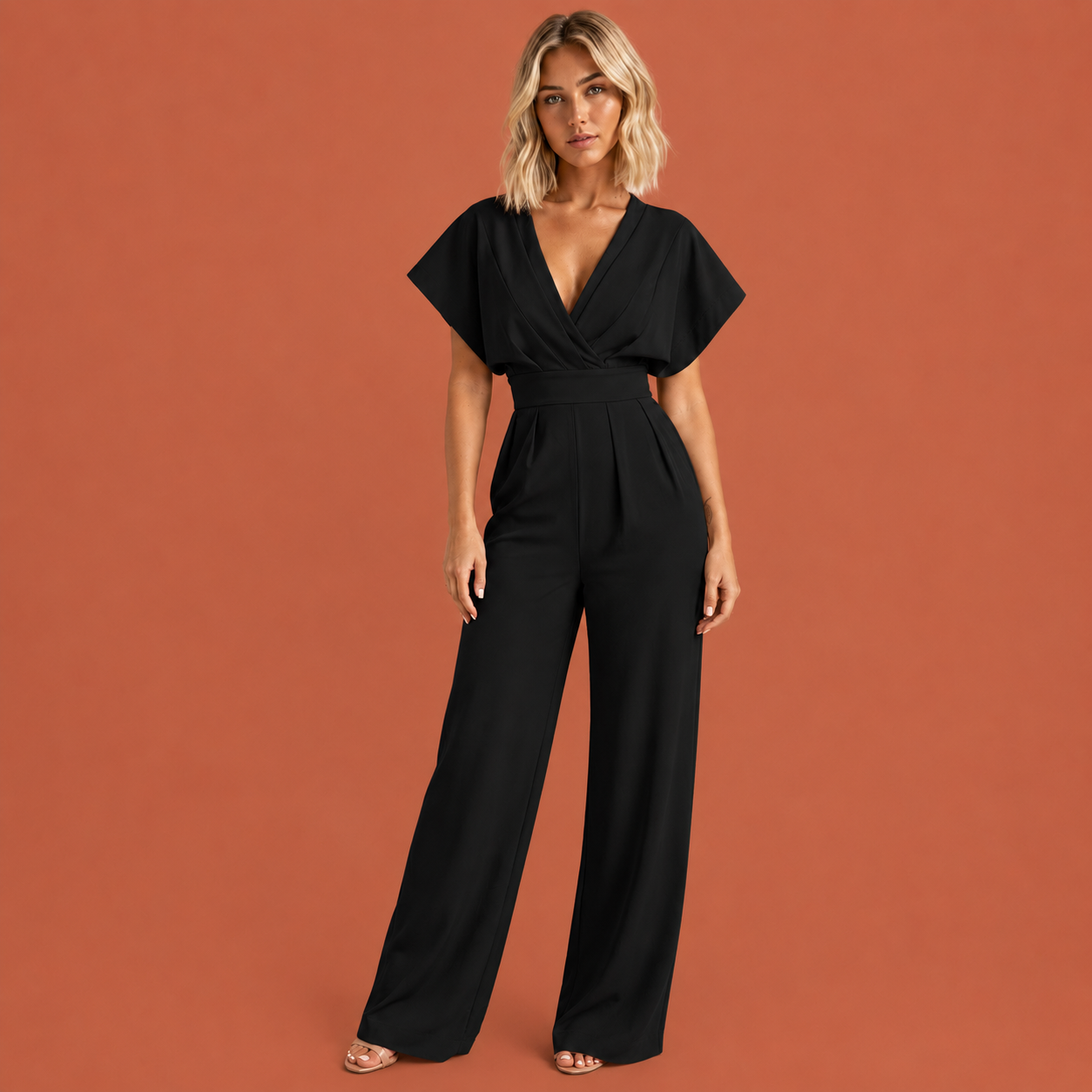 Dames jumpsuit in zwart met ruchemouwen, zacht en comfortabel voor casual en stijlvolle outfits.