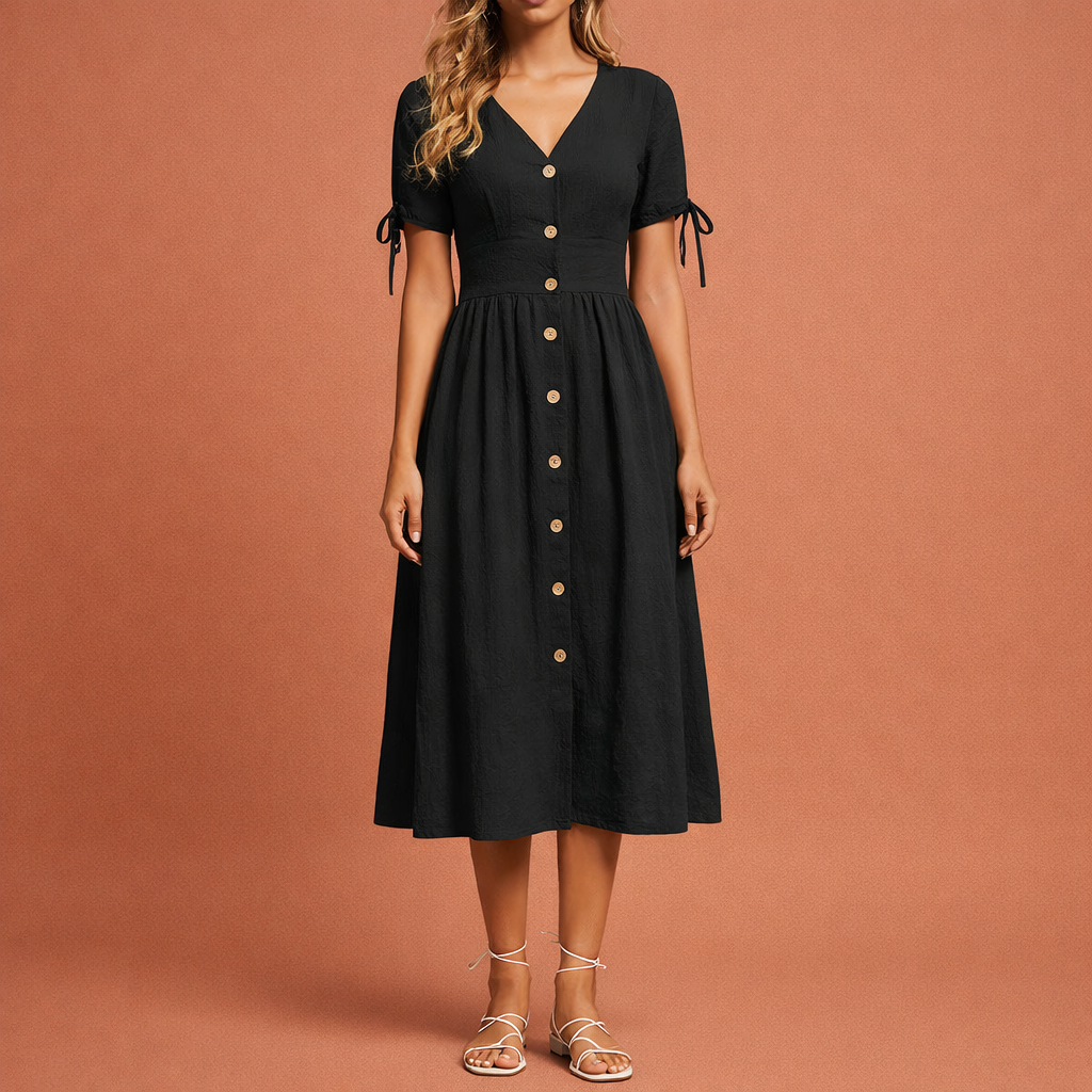 Dames maxi jurk in zwart met minimalistisch design, zacht en comfortabel voor casual en stijlvolle outfits.