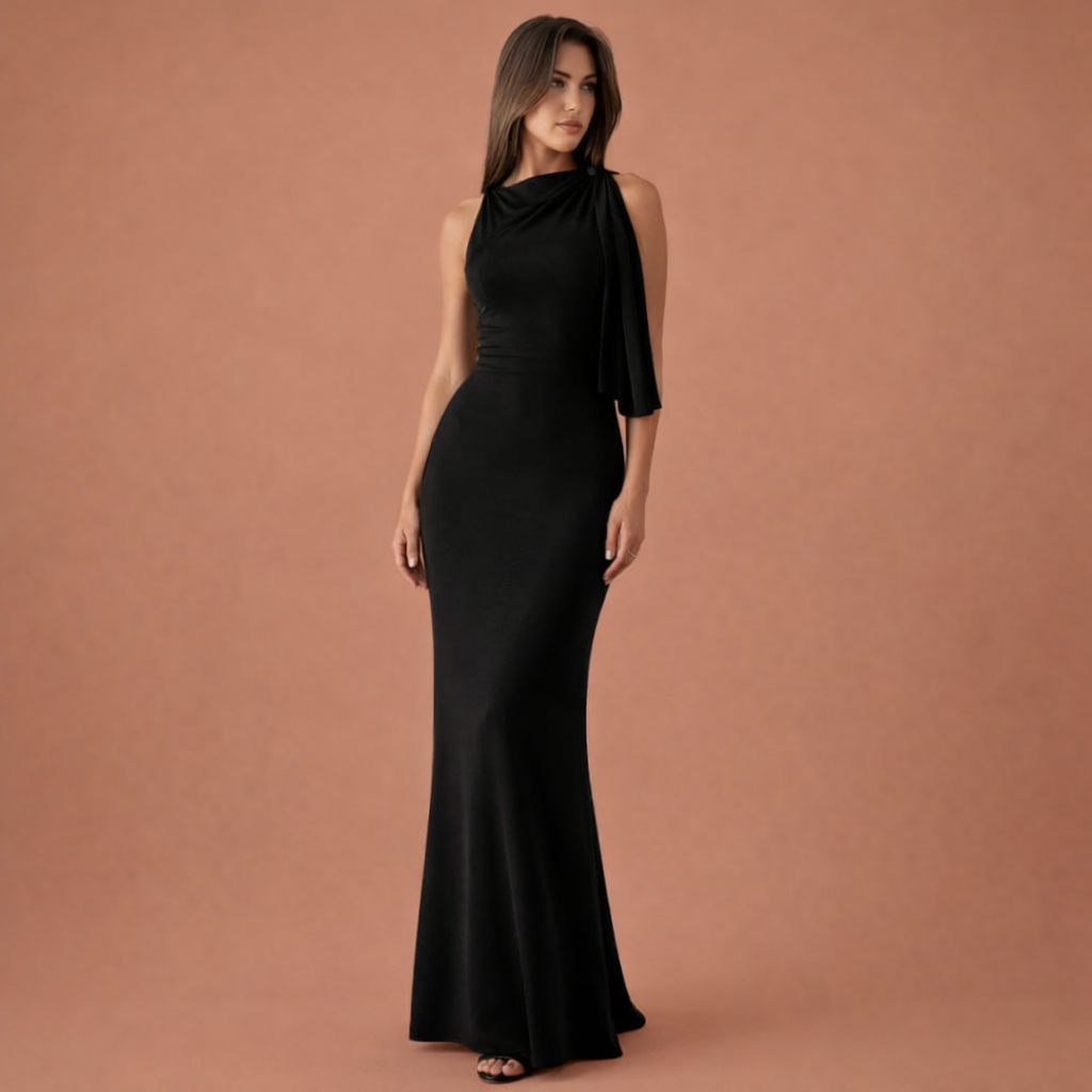 Zwarte bodycon maxi-jurk voor dames met elegante avonduitstraling, perfect voor feestelijke en formele gelegenheden.