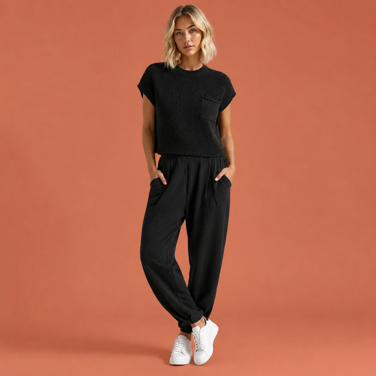 Dames gebreide set in zwart met minimalistisch design, zacht en comfortabel voor casual en stijlvolle outfits.