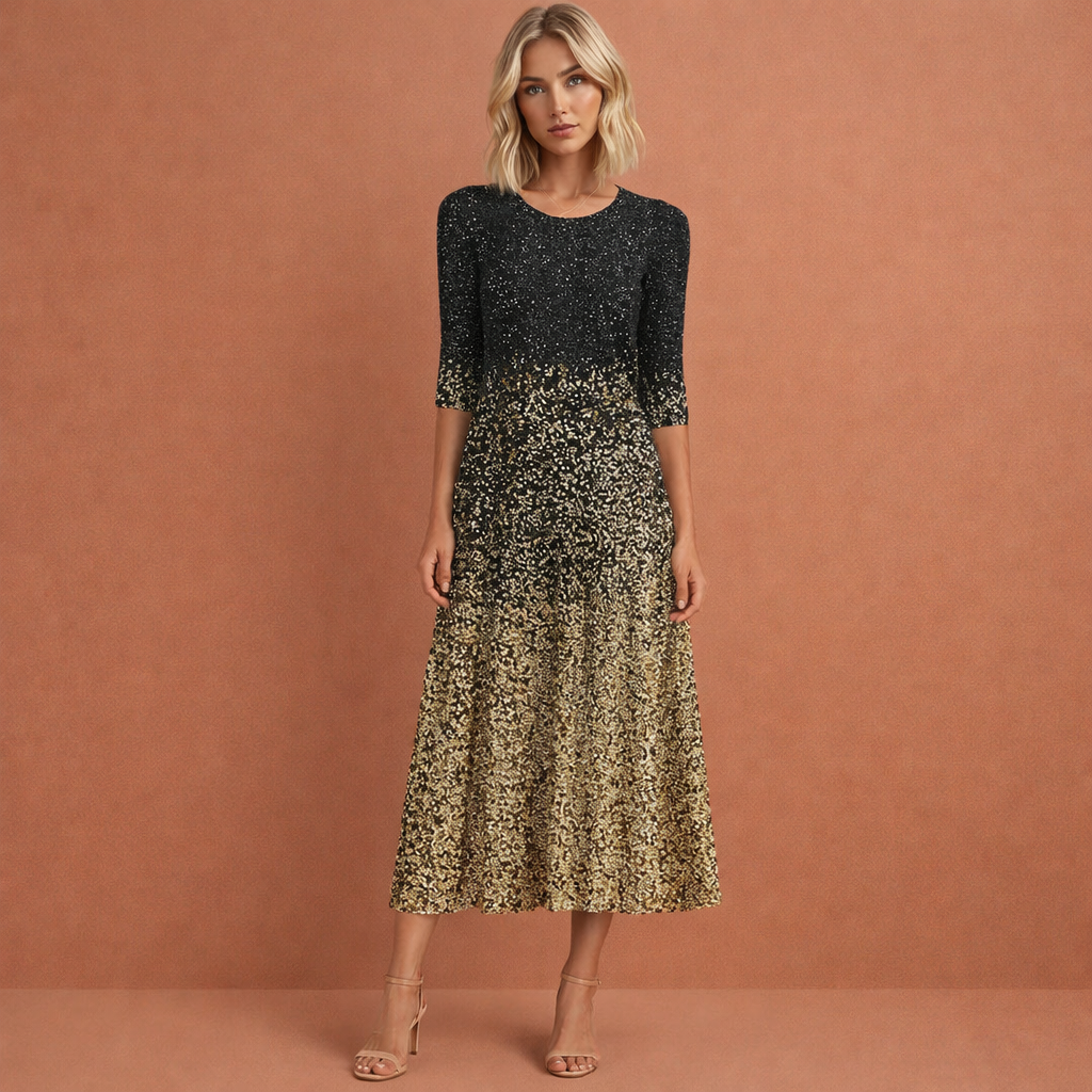 Zwarte glitter midi jurk voor dames met praktische zakken, perfect voor feestjes, gala’s en elegante avonden.