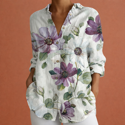 Bedrukte dames blouse met klassieke kraag en knoopsluiting | Yvonne Nirandi