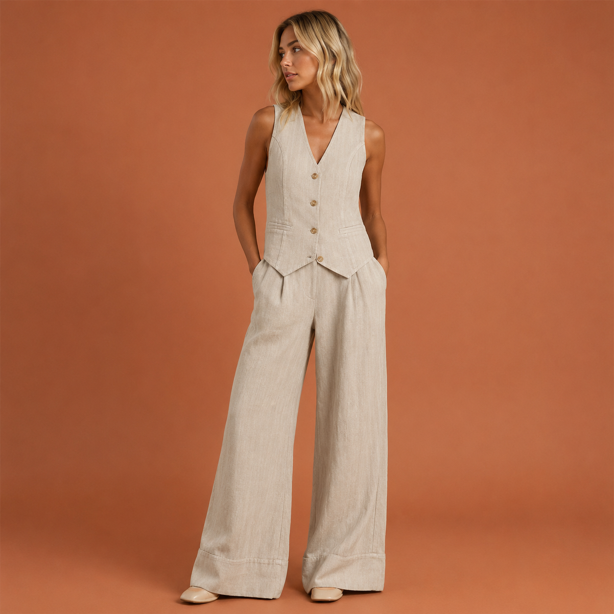 Linnen gilet en wijde broek set voor dames | Estelle Nirandi