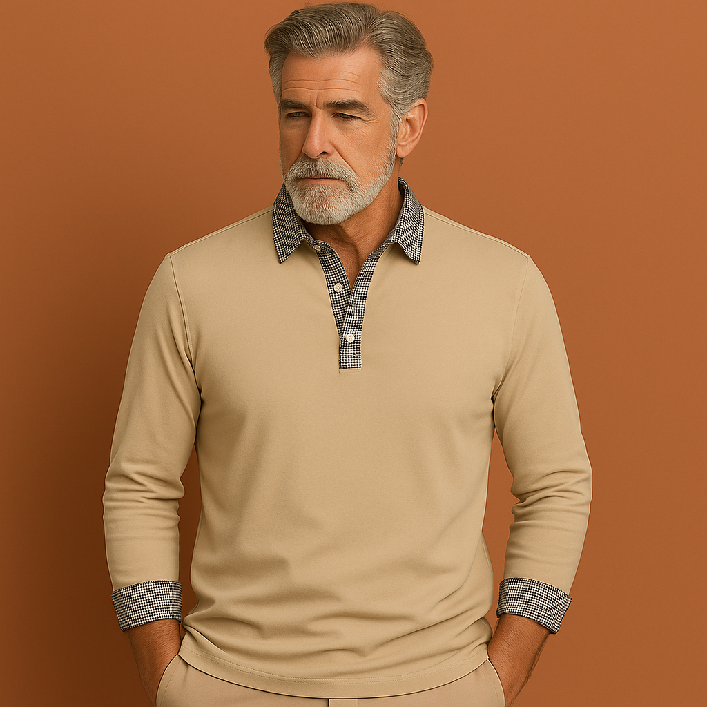 Abricot polo met lange mouwen voor heren met contrasterende kraag en manchetten, geschikt voor casual en nette outfits.