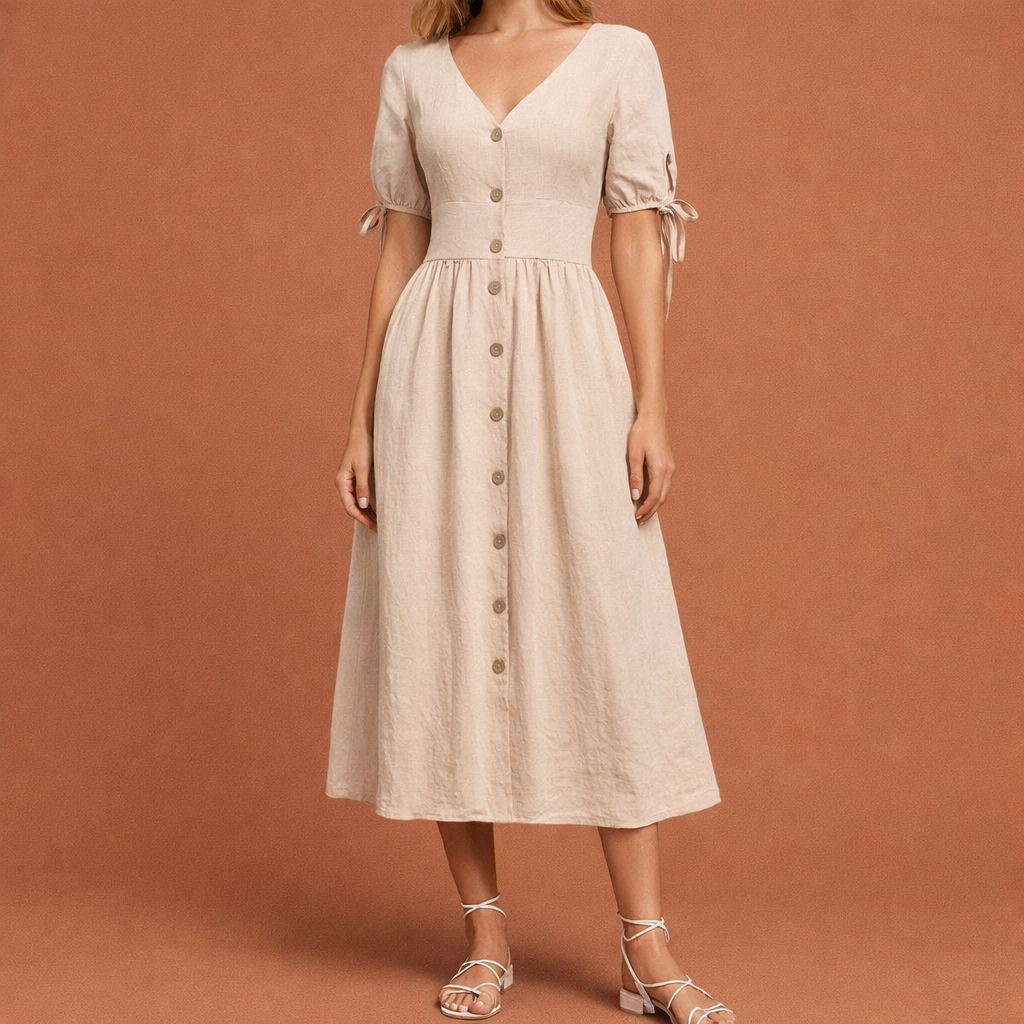 Dames maxi jurk in abrikoos met minimalistisch design, zacht en comfortabel voor casual en stijlvolle outfits.