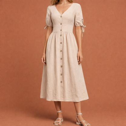 Dames maxi jurk in abrikoos met minimalistisch design, zacht en comfortabel voor casual en stijlvolle outfits.
