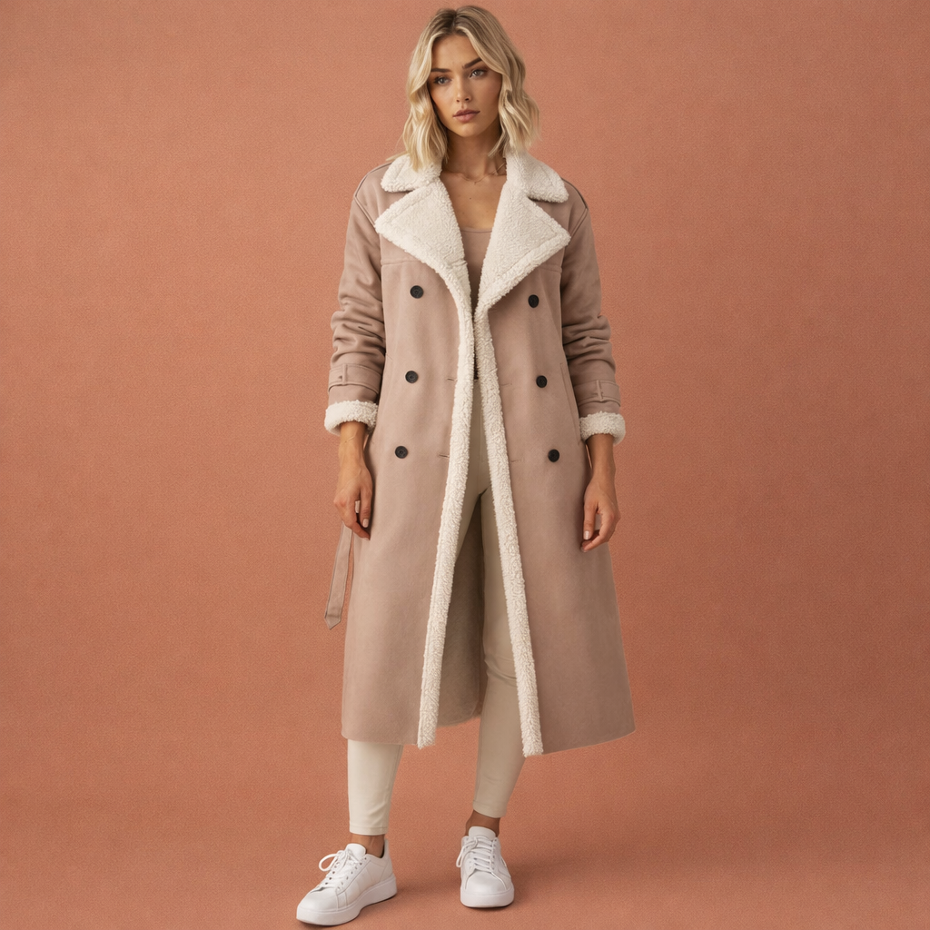 Abrikooskleurige lange klassieke winterjas voor dames met warme kraag en comfortabele pasvorm, ideaal voor koude dagen en dagelijks gebruik.
