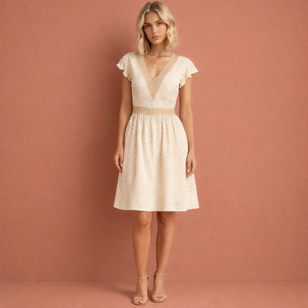 Abrikooskleurige luchtige mini-jurk voor dames met V-hals en tailleband, ideaal voor zomerse dagen en casual gelegenheden.