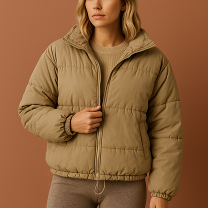 Abrikooskleurige dames jas met oversized pasvorm en gewatteerde afwerking, perfect voor koude dagen en stijlvolle outfits.