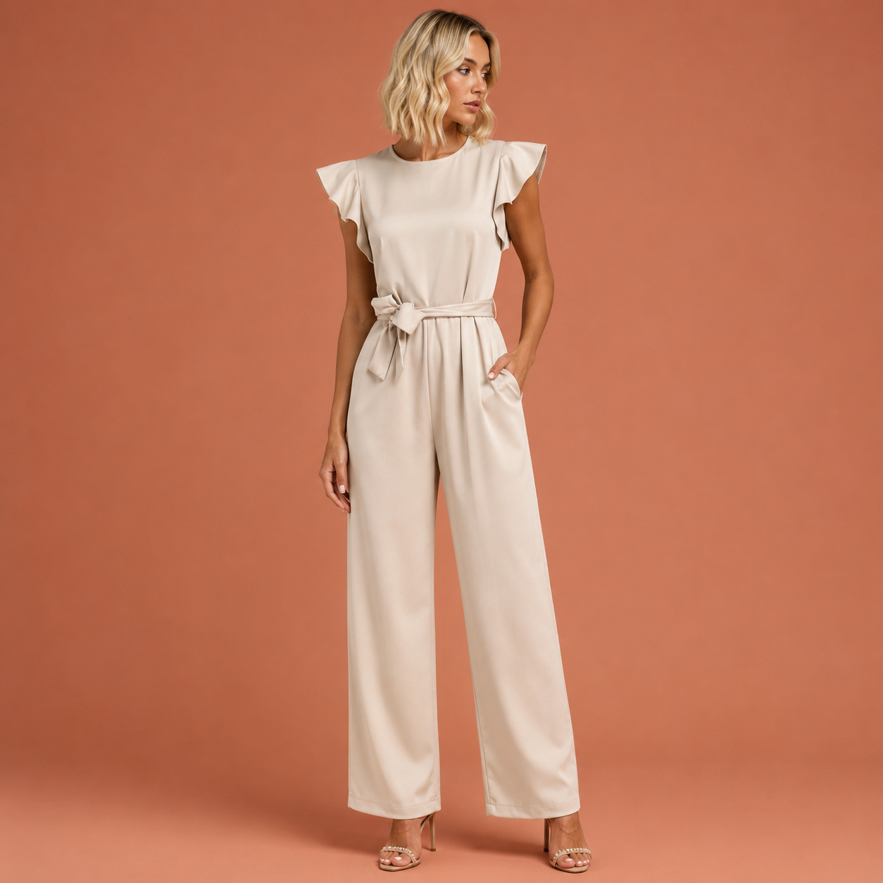 Dames jumpsuit in abrikoos met minimalistisch design, zacht en comfortabel voor casual en stijlvolle outfits.