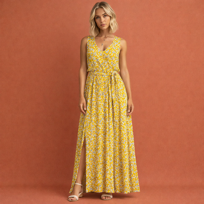 Dames maxi jurk in geel met minimalistisch design, zacht en comfortabel voor casual en stijlvolle outfits.