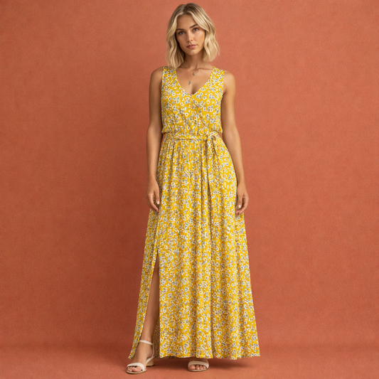 Dames maxi jurk in geel met minimalistisch design, zacht en comfortabel voor casual en stijlvolle outfits.