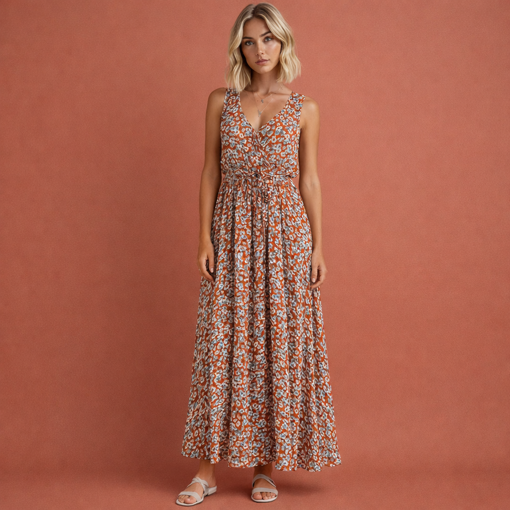 Dames maxi jurk in rood met minimalistisch design, zacht en comfortabel voor casual en stijlvolle outfits.