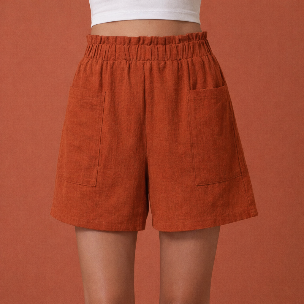 Dames linnen shorts in baksteenrood met minimalistisch design, zacht en comfortabel voor casual en stijlvolle outfits.