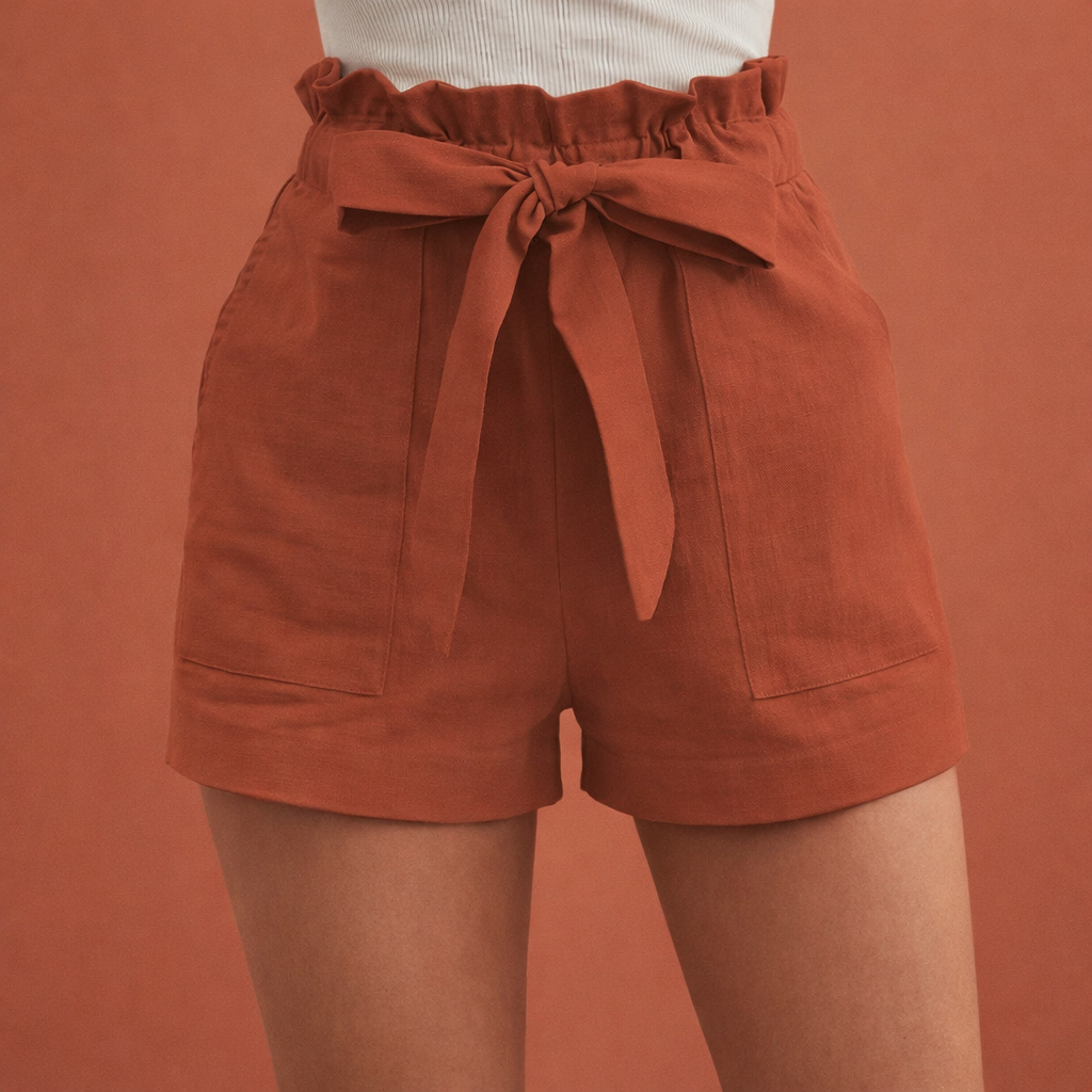 Dames linnen shorts in baksteenrood met minimalistisch design, zacht en comfortabel voor casual en stijlvolle outfits.