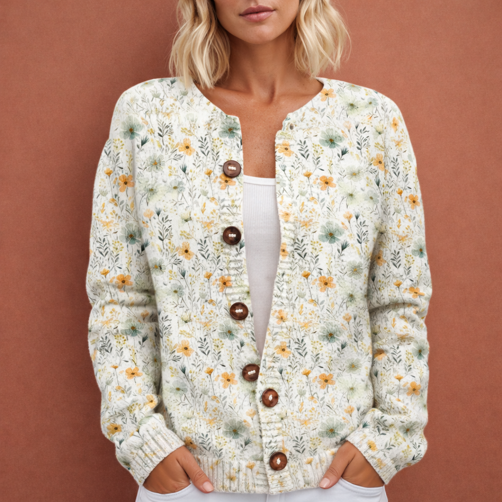 Beige chique dames cardigan met bloemmotief en comfortabele pasvorm, ideaal voor dagelijks gebruik en koude dagen.