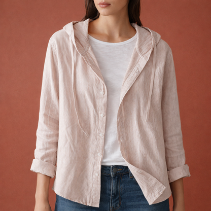 Dames blouse met capuchon in beige met minimalistisch design, zacht en comfortabel voor casual en stijlvolle outfits.