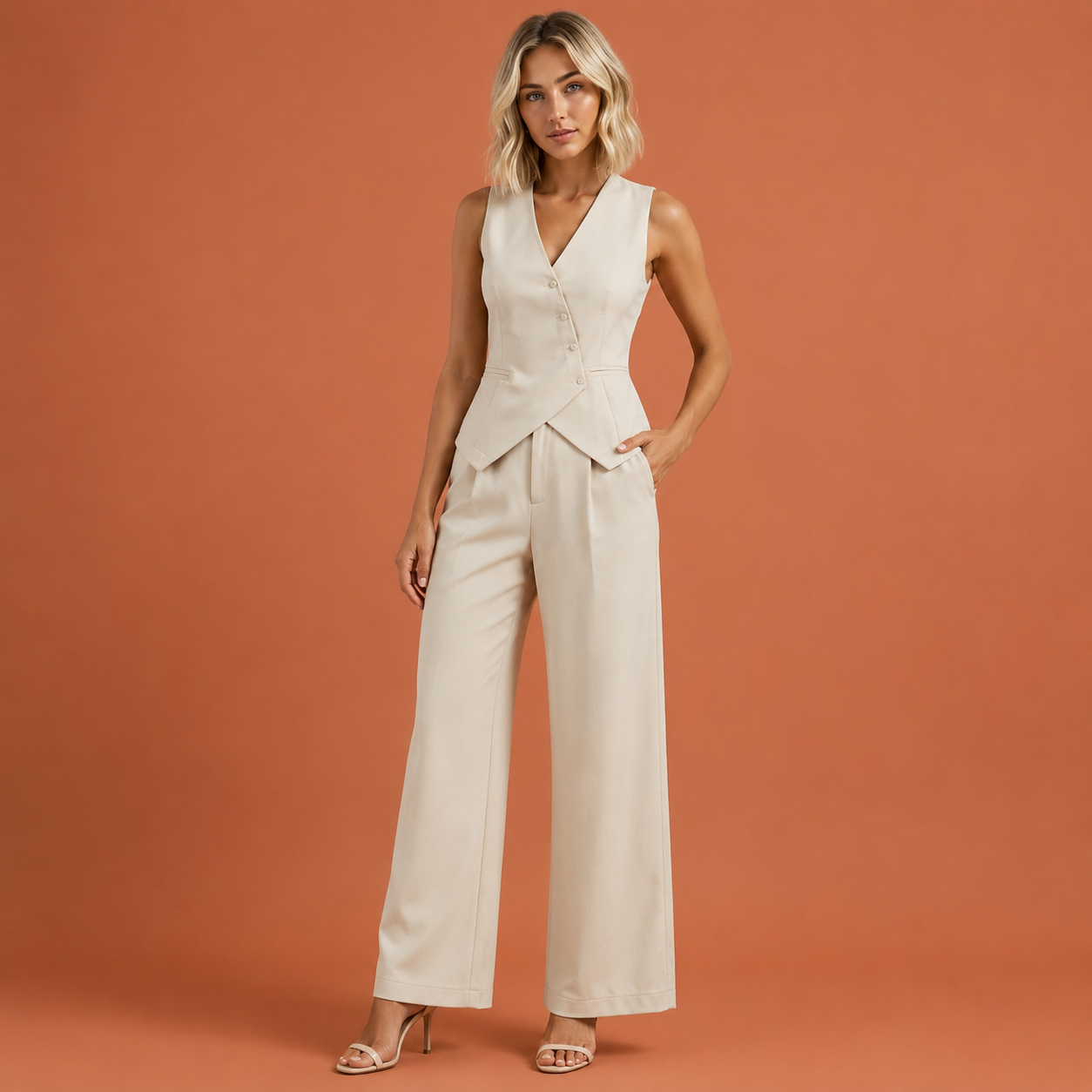 Dames gilet en pantalon set in beige met minimalistisch design, zacht en comfortabel voor casual en stijlvolle outfits.