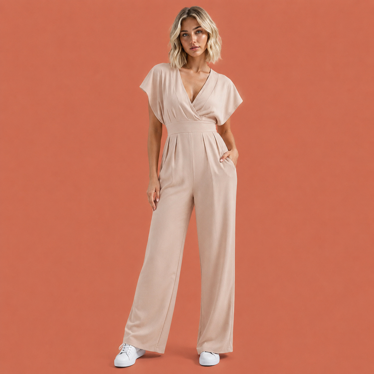 Dames jumpsuit in beige met ruchemouwen, zacht en comfortabel voor casual en stijlvolle outfits.